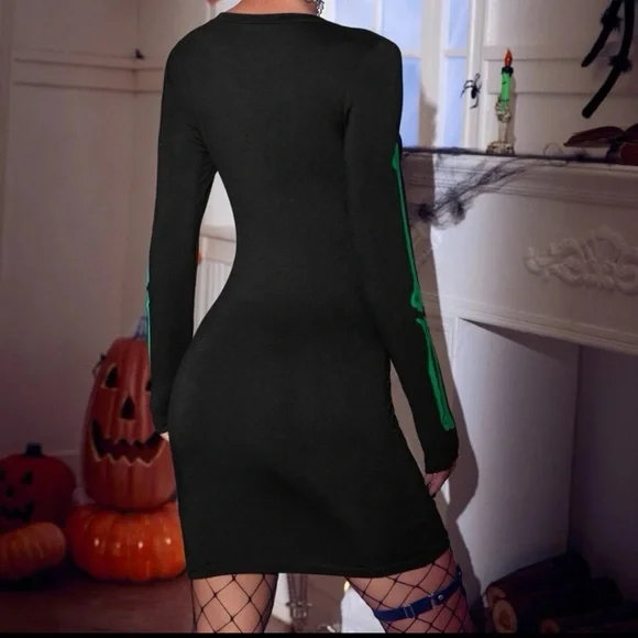 Neon green skeleton bones Bodycon stretchy dress Halloween black light resistant - Picture 5 of 14